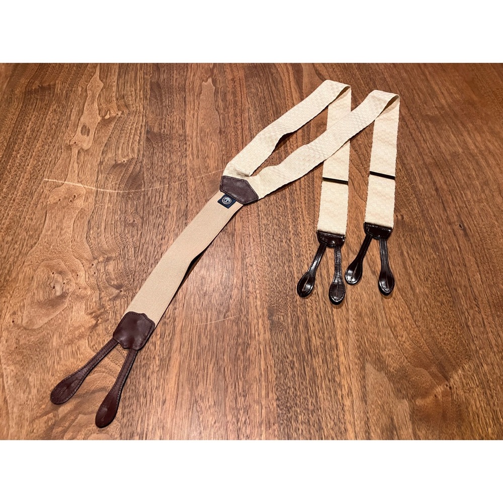 Torino Mens Cream Woven Check Y-Back Leather Button Suspenders Braces